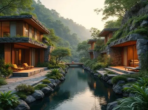 Seamless landscape integration, organic architecture, harmonious blending, natural stone walls, wooden accents, green roofs, lush vegetation, serene water features, meandering pathways, rustic bridges