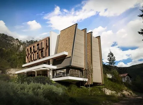 make this image full realistic ,an architecture model of a building made of wood with trees and bushes around it,house in the mountains,dunes house,house in mountains,corbusier,modern house,modern arc