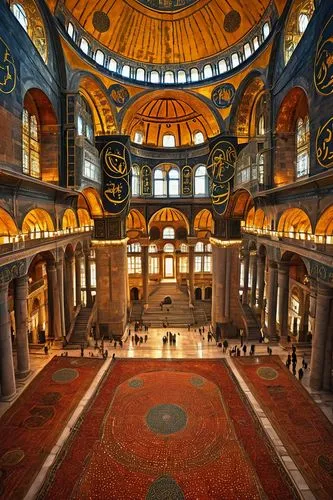 Hagia Sophia, Byzantine architecture, grand interior, high ceiling, intricate mosaics, golden domes, marble columns, ornate chandeliers, stained glass windows, grand staircase, red carpet, sacred atmo