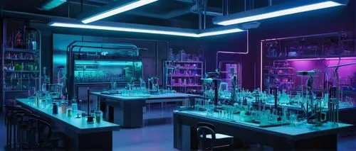 AI-generated image, futuristic laboratory, neon lights, holographic screens, robotic arms, test tubes, beakers, microscopes, Petri dishes, futuristic chairs, metal tables, sci-fi atmosphere, high-tech