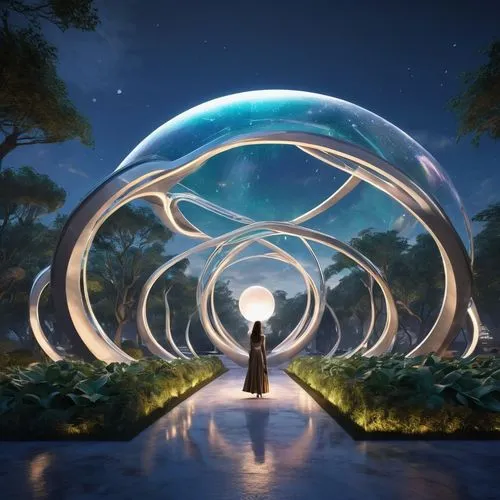 mujer protagonista de un libro de ciencia ficcion. Que esta perdida en un mundo alienigena con mucha tecnologia.,a woman stands on a path in front of a giant structure,stargates,toroidal,ozma,mobius,o