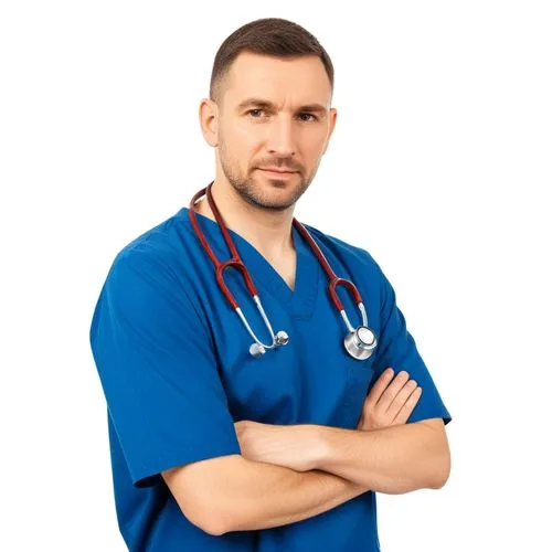 a man wearing scrubs and a stethoscope,male nurse,healthcare professional,doctorandus,healthcare worker,physician,paramedical