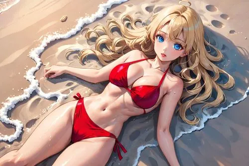 adult woman lying on sand. hands pulling off bikini
photographed from above.
sensual facial expressions.
on a beach, hot and moist weather. large breasts. red skimpy bikini,
long blonde wavy hair, blu