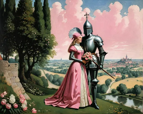 couple woman in medieval dress with high headdress and knight in armor with bouquet of flowers standing next to each other, storybook illustration, Terry Oakes, tumblr, but the armor covers his face, 