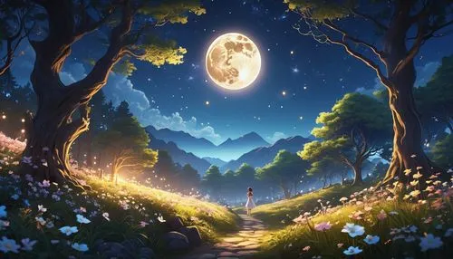 moon and star background,cartoon video game background,moonlit night,fairy forest,landscape background,nature background,Photography,General,Realistic