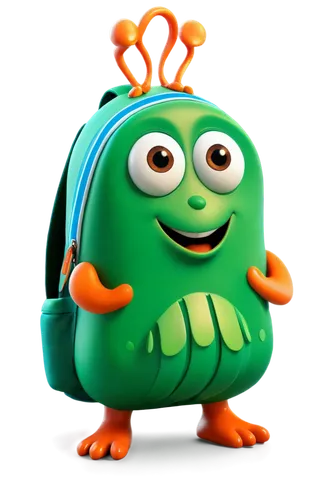 Funny slug, green body, big eyes, smiling face, tiny hands, feet splayed, shell backpack, colorful stripes, glossy skin, soft focus, warm lighting, shallow depth of field, humorous expression, cartoon