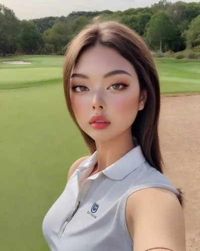 裸體寫真,a beautiful asian woman posing for a po,lpga,golfing,golfer,golfvideo,golf course background,golf player,Photography,Realistic