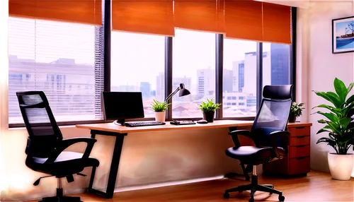 Office background, modern office interior, wooden desk, ergonomic chair, computer monitor, keyboard, papers scattered, coffee cup, potted plant, window with blinds, panoramic view, bright softbox ligh