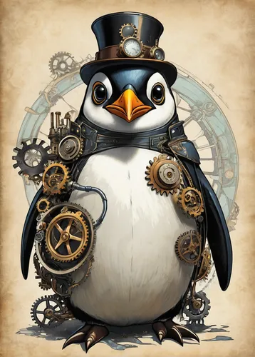 rock penguin,fairy penguin,steampunk,steam icon,penguin,clockmaker,penguin enemy,watchmaker,big penguin,baby-penguin,arctic penguin,glasses penguin,snares penguin,steampunk gears,young penguin,dwarf penguin,game illustration,gentoo,steam logo,sparrow owl,Conceptual Art,Fantasy,Fantasy 25