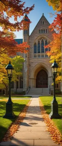 University of Michigan architecture, Ann Arbor campus, neo-Gothic style, stone walls, stained glass windows, grand entrance hall, intricate carvings, high ceilings, ornate columns, red brick buildings