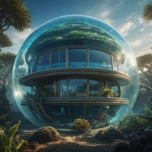 ecosphere,ecotopia,biosphere,seasteading,futuristic landscape,chemosphere,glass sphere,aqua studio,terraformed,aquarium,tropical house,primosphere,underwater oasis,waterglobe,biospheres,biomes,quarantine bubble,earthship,electrohome,repopulation,Photography,General,Natural