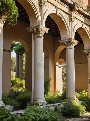 cloister,colonnades,cloisters,kykuit,colonnade,peristyle,monastery garden,roman columns,loggia,mirogoj,certosa di pavia,pergola,porticos,columns,arches,pillars,giarratano,archways,arcaded,orangerie,Illustration,Paper based,Paper Based 09