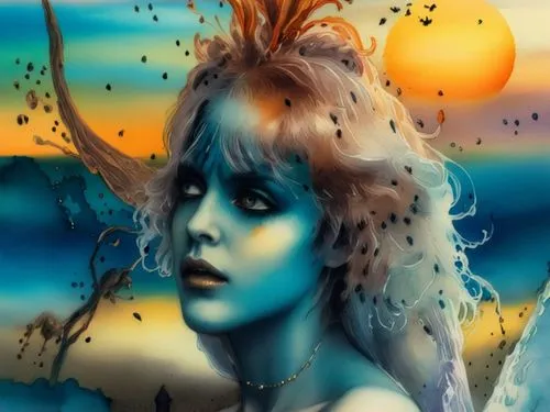 beautiful nude woman 35 45 from brazil infront of the sea wave and amazing sunset,a painting of a woman with blue face, and hair,amphitrite,sirene,naiad,mermaid background,the sea maid,fantasy art,Ill