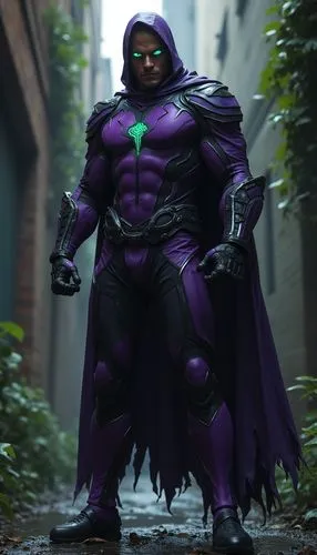 a purple costumed man in a city setting,mysterion,desaad,perriman,darkseid,mutanda,sackman