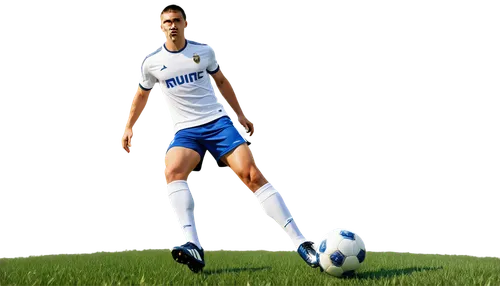 Soccer player, male, athletic, muscular, dynamic pose, kicking ball, white soccer jersey, blue shorts, Nike soccer cleats, black socks, shin guards, grassy field, afternoon sun, low-angle shot, dramat