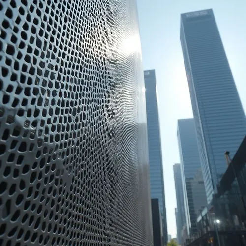 Industrial design, modern architecture, perforated metal facade, silver-gray color, geometric patterns, hexagonal holes, metallic sheen, reflective surface, urban cityscape, skyscraper background, sun