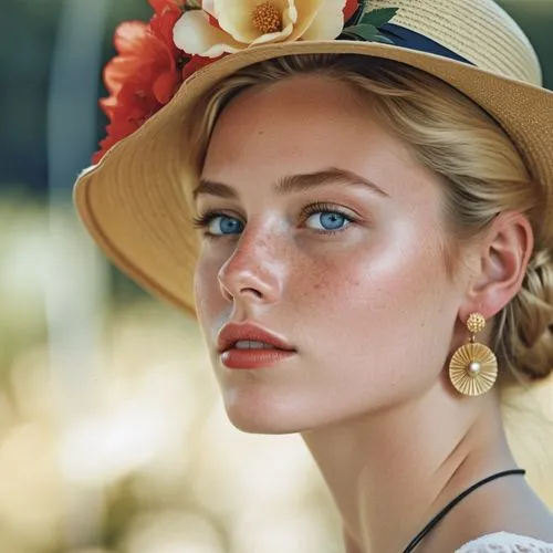 Close-up portrait of a young woman with striking features, displaying a thoughtful or introspective expression. Her face is highlighted by bright blue eyes, red lipstick, and delicate freckles dusting