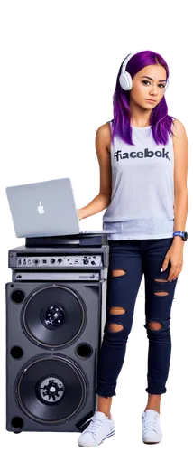 Young woman, DJ, headphones, purple hair, bold eyeliner, tank top, ripped jeans, sneakers, vinyl records, turntable, laptop, Facebook logo, copyright symbol, musical notes, waveform patterns, vibrant 