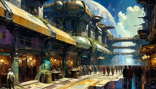 fantasy city,ancient city,airships,sci fiction illustration,fantasy landscape,fantasy world,concept art,futuristic landscape,merchant,airship,souk,space port,grand bazaar,scifi,world digital painting,arcanum,marketplace,3d fantasy,new world,fantasy art,Art,Artistic Painting,Artistic Painting 32