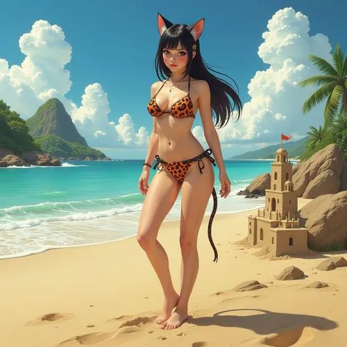 neko,miqati,kittani,sand fox,beach background,tera