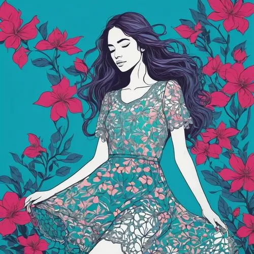 girl in flowers,floral dress,floral background,floral,boho art,digital illustration,Illustration,Paper based,Paper Based 19