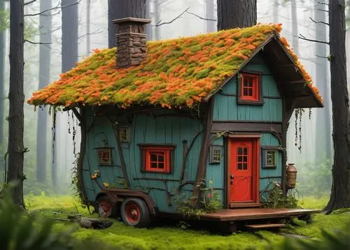 house in the forest,miniature house,little house,fairy house,small house,tree house,lonely house,small cabin,wooden house,treehouse,wooden hut,crispy house,witch's house,summer cottage,mobile home,bird house,log home,house painting,tree house hotel,garden shed,Illustration,Paper based,Paper Based 07