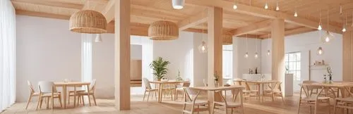 wooden beams,timber house,breakfast room,wooden construction,archidaily,scandinavian style,arkitekter,dining room,danish furniture,associati,school design,anastassiades,daylighting,a restaurant,teahouse,wooden planks,aalto,patterned wood decoration,dining table,3d rendering,Photography,General,Realistic