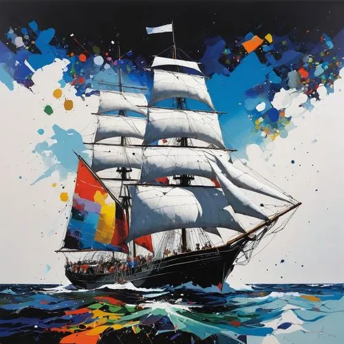 MULTICOLORED SAILER INK ON BLACK SEA INTO WHITE SKY ,sea sailing ship,sail ship,sailing ship,tallship,sailing ships,tall ship,whaleship,three masted sailing ship,eendracht,barque,caravel,masted,galleo