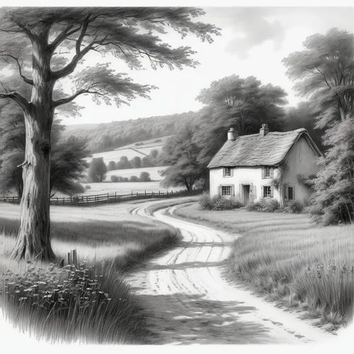 ludgrove,watermill,farmhouses,home landscape,cottages,village scene,Illustration,Black and White,Black and White 35