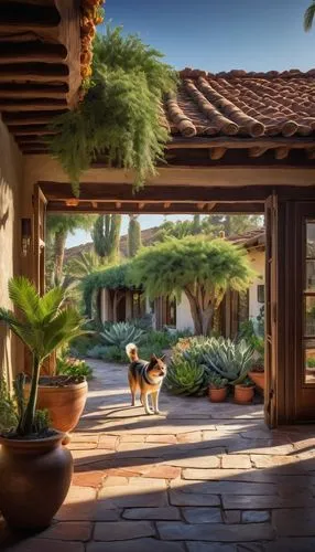 outdoor dog,roof landscape,digital painting,breezeway,hacienda,patios,home landscape,florida home,beautiful home,lanai,courtyards,palmilla,ojai,landscaping,shiba,carport,world digital painting,idyllic,courtyard,patio,Photography,Documentary Photography,Documentary Photography 22