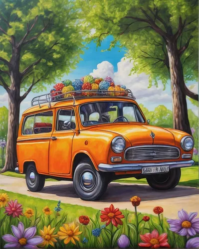 flower car,vwbus,vw van,vw bus,camper van,volkswagenbus,vw camper,campervan,springtime background,easter truck,station wagon-station wagon,flower cart,vanagon,travel van,van,volkswagen vw,trabant,minivan,volkswagon,volkswagen,Illustration,Abstract Fantasy,Abstract Fantasy 14