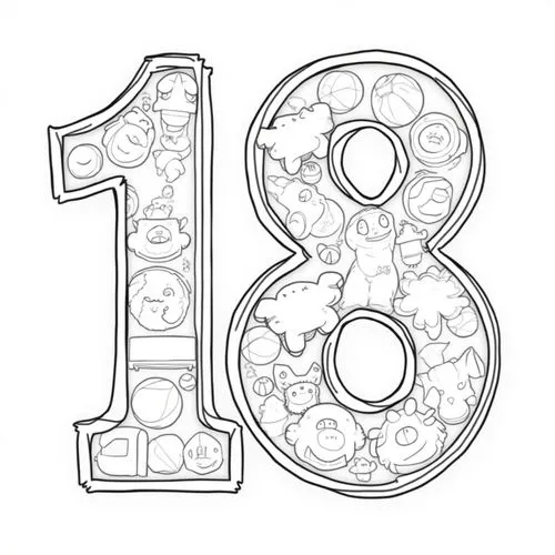 Create the number eighteen ('18') using a bold outline. The design includes the '1' and '8'. Inside the '8', which has two circular loops, place up to 5 small, proportional toy images such as stuffed 