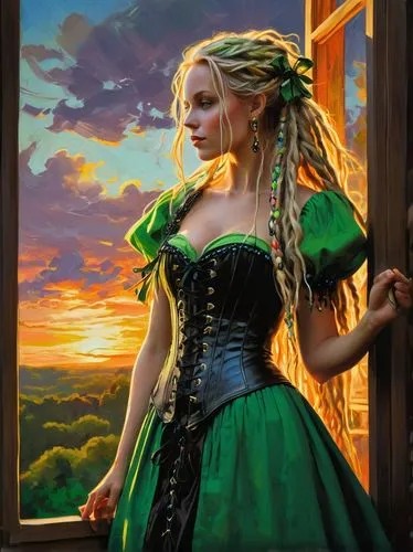 celtic queen,dirndl,fantasy portrait,fantasy picture,tuatha,fantasy art,greensleeves,rapunzel,rasputina,celtic woman,celtic harp,innkeeper,green aurora,arkona,scotswoman,fantasy woman,jessamine,cirta,fairy tale character,vasilisa,Conceptual Art,Oil color,Oil Color 10