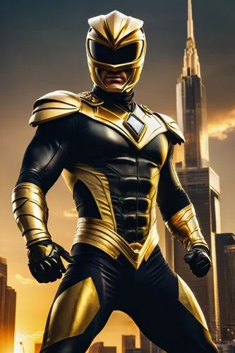 Mature muscular man, gold and black Power Ranger, standing, heroic pose, confident facial expression, short golden hair, black eyebrows, intense gaze, golden helmet with black visor, black and gold ar