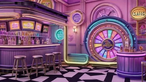 soda fountain,ice cream parlor,soda shop,retro diner,liquor bar,ice cream shop,play escape game live and win,art deco background,stage design,candy bar,cartoon video game background,jukebox,unique bar