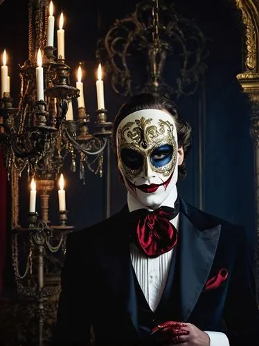 Vampiric nobleman, mysterious, pale skin, sharp facial features, crimson lips, piercing eyes, black suit, white shirt, blood-red vest, intricately designed mask, ornate cane, lavish ballroom, grand ch