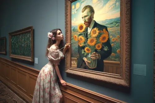 vincent van gogh same background,vincent van gogh,art dealer,post impressionism,post impressionist,romantic portrait,admired,girl with a dolphin,girl in a long dress,art world,art gallery,girl in flow