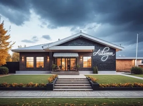 wall decoration brick and ebony, neon sign,a black building with a large sign that says adamum,brabazon,mid century house,luxury property,golf hotel,penfolds,peat house,Photography,General,Realistic