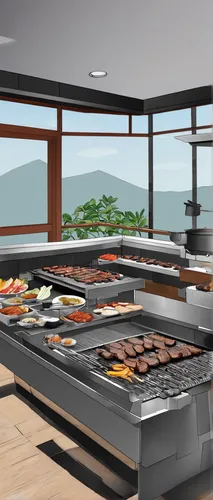 Emphasize the sizzling sensations of grilling at 9292 Korean BBQ.,barbecue area,meat counter,seafood counter,modern kitchen interior,outdoor grill,barbecue grill,kitchen design,barbeque grill,outdoor 