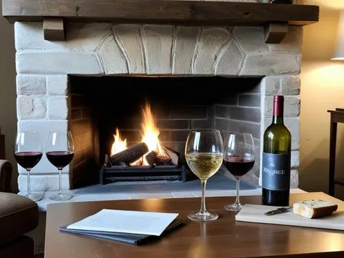 a fireplace with lit logs, two wine glasses and a paper,ellenborough,southern wine route,tulbagh,franschhoek,deerhurst,mayacamas