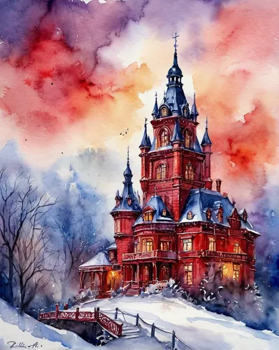 fairy tale castle,fairytale castle,winter house,kremlin,the kremlin,russian winter,castle of the corvin,the red square,iulia hasdeu castle,watercolor,snow house,red square,watercolor christmas background,russian folk style,peter-pavel's fortress,christmas landscape,castle,watercolor painting,ice castle,myfestiveseason romania,Illustration,Paper based,Paper Based 24