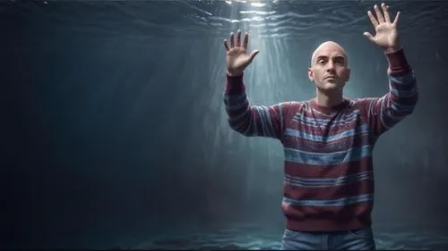 A bald adult deep underwater, album cover, realistic, smooth blending,8K,,a man with one hand up near the water,the man in the water,moltisanti,ood,reinfeldt,lubezki,shmuel