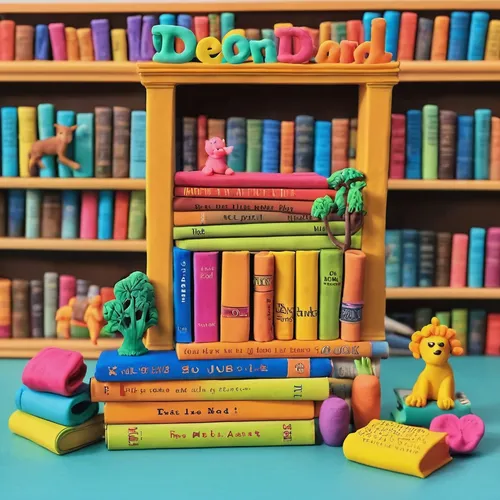 Write a nostalgic scene set in a library filled with old books,lego pastel,bookend,bookshelves,bookshelf,toy blocks,book gift,bookcase,book bindings,book store,stack of books,book wall,marzipan figure