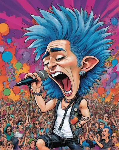 Imagine a blue-haired punk rock singer mesmerizing the crowd at a vibrant music festival.,2d,flea,rock concert,thrash metal,punk,caricature,olodum,maxx,scandia gnomes,smurf,scandia gnome,rock music,ca