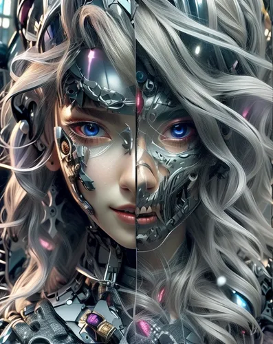 3d fantasy,cyborg,biomechanical,fantasy portrait,fractalius,masquerade,silver,fantasy art,gemini,cybernetics,photomanipulation,anime 3d,fantasy woman,duality,parallel worlds,cg artwork,valerian,digiart,armour,composite