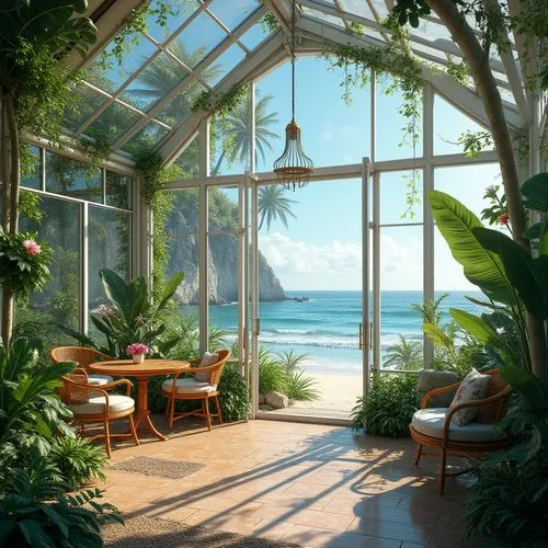 sunroom,conservatory,tropical house,oceanfront,ocean view,beachfront,oceanview,beach house,seaside view,conservatories,tropical island,greenhouse,seclude,tropical beach,summer cottage,seaside country,tropics,indoor,dream beach,palm garden,Photography,General,Realistic