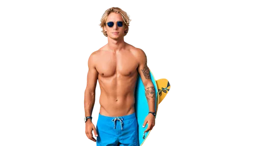 Young adult, surfer, male, athletic build, messy blonde hair, bright blue eyes, tanned skin, tattoos on arms, beach shorts, sunglasses, surfing board under arm, standing on beach shore, relaxed pose, 