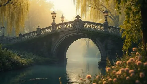 Ornate bridge, grandeur architecture, medieval style, stone carvings, intricate iron railings, lanterns, vines entwined pillars, misty morning, warm golden lighting, soft focus, gentle water flow, lus