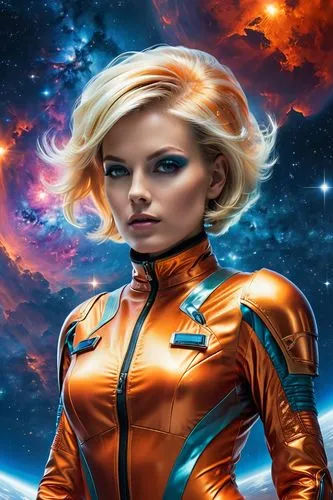 In a vibrant and colorful spacecraft, a mature woman with short blonde hair, eyeliner, eyeshadow, and a fusion of colors. She wears an orange spacesuit, made of plastic and a metallic sheen. The scene