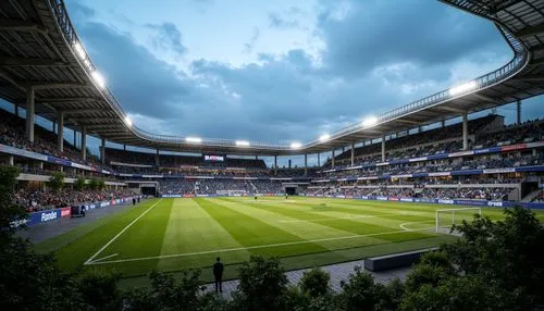 Vibrant football stadium, dynamic curves, sleek lines, metallic fa\u00e7ade, cantilevered roofs, open-air seating, tiered stands, floodlighting, lush greenery, urban landscape, modern structuralism st